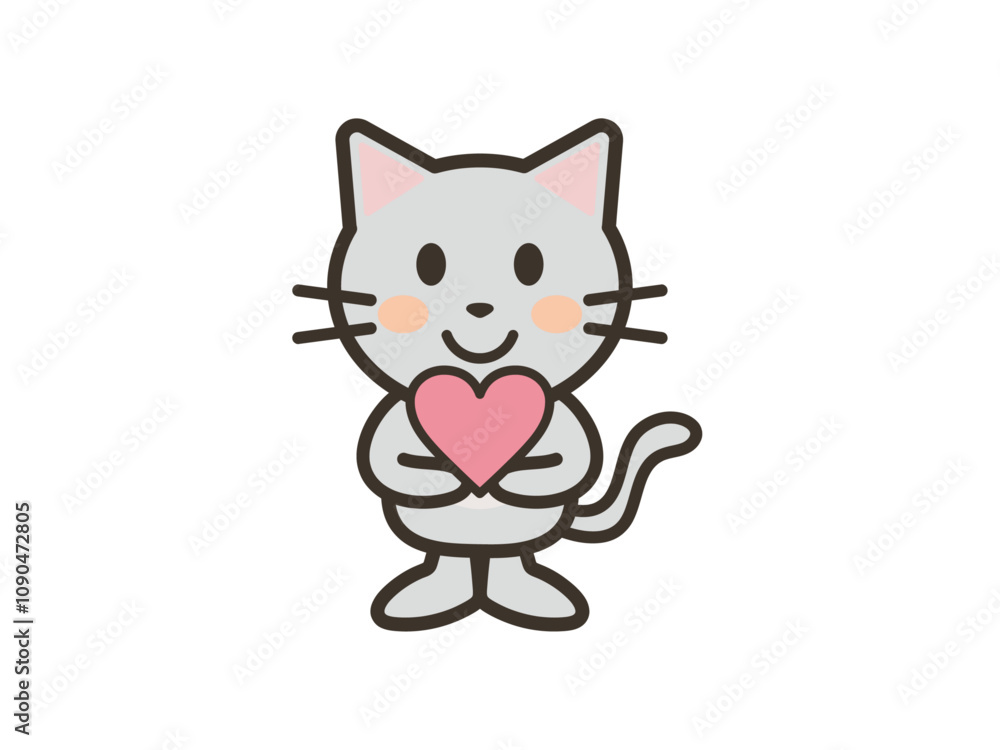 Obraz premium 両手でハートマークを抱えるかわいいねこちゃんのイラスト