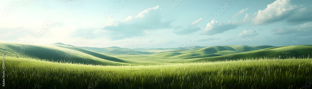Obraz premium A Stunning Digital Illustration Depicting a Lush Green Meadow Rolling Hills Underneath a Tranquil Blue Sky with White Puffy Clouds.