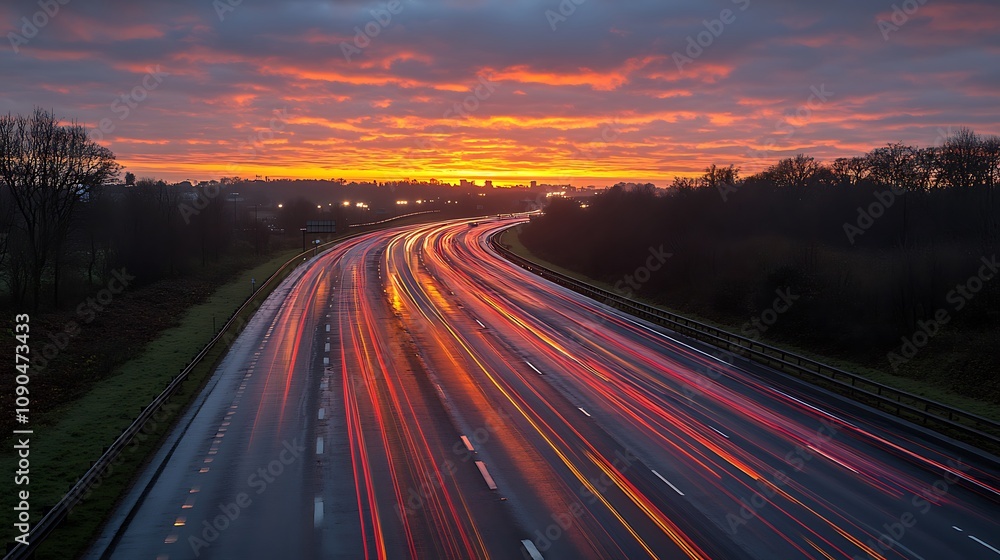Dramatic sunrise over a highway with blurred light trails from speeding cars. Dramatic sunrise over a highway with blurred light trails from speeding cars.