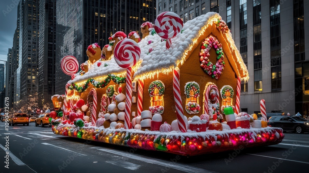 Fototapeta premium Gingerbread house float in a Christmas parade, decorated with candy and lights