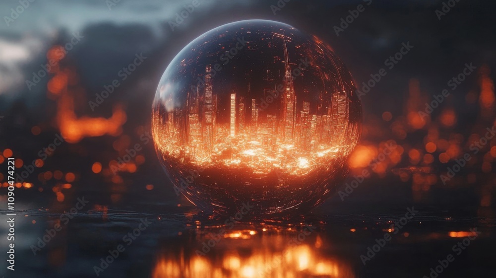Fototapeta premium Futuristic city reflection in a glowing orb with vibrant orange lighting and dark atmospheric background showcasing a sci-fi landscape and urban architecture