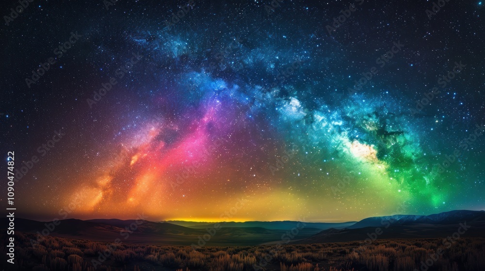 Fototapeta premium Stunning night sky with a colorful Milky Way arch over mountains.