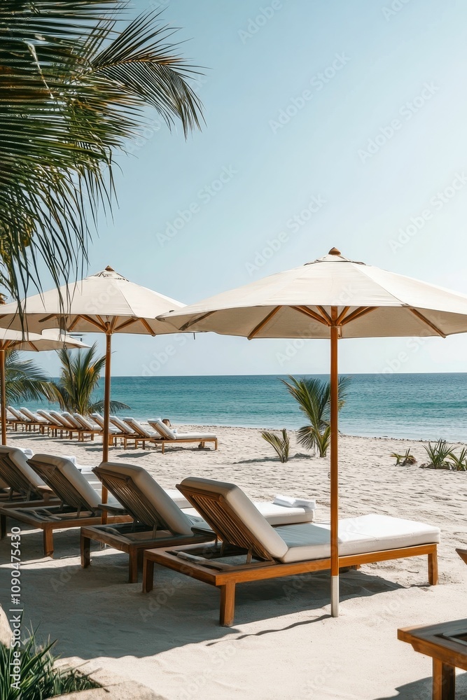 Fototapeta premium Beach loungers under umbrellas on white sand.