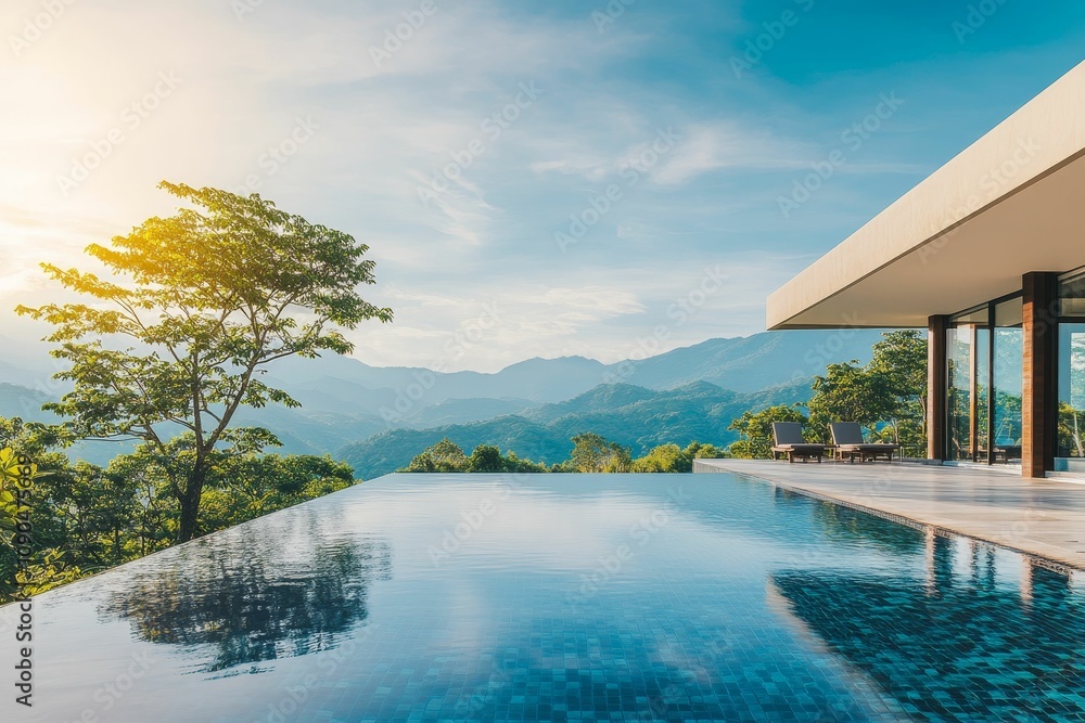 Obraz premium Modern house with infinity pool and mountain view.