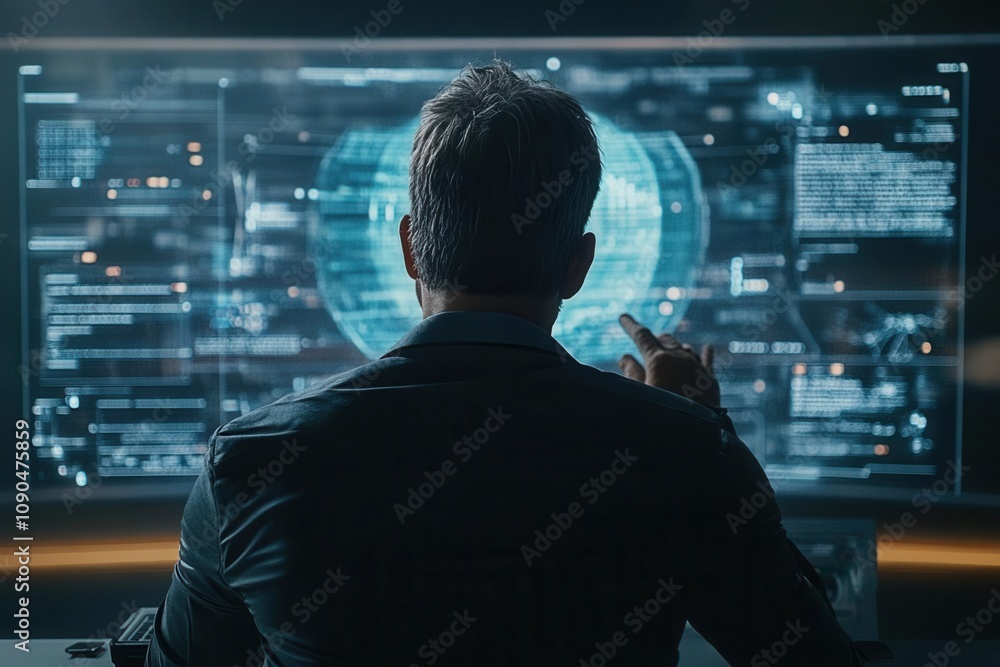 Fototapeta premium A presenter using holograms in a futuristic corporate meeting, Company showcase presentation, next-gen leadership