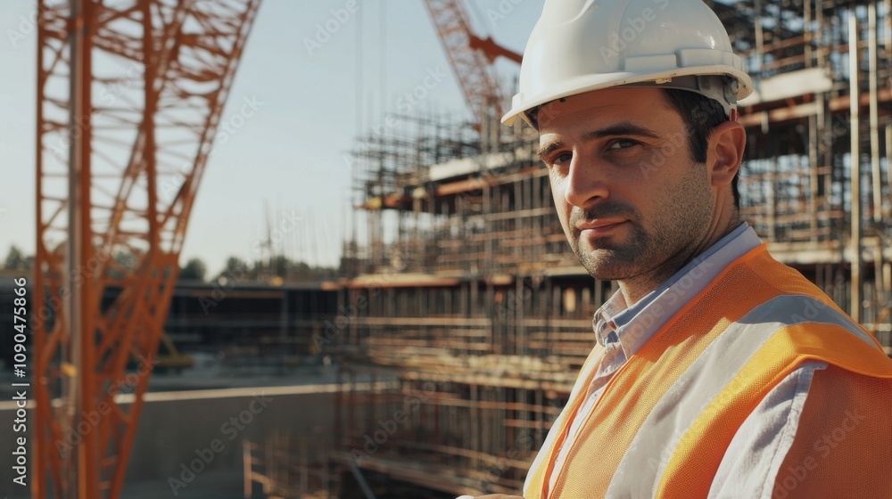 Fototapeta premium An engineer in a white helmet and orange safety vest, examining a steel framework and looking confidently at the camera, surrounded by cranes and scaffolding