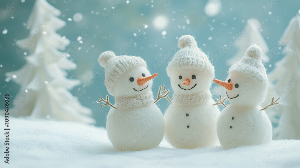 Obraz premium Woolen snowmen in a papercut forest holding hands and smiling under softly falling snow cheerful winter day 