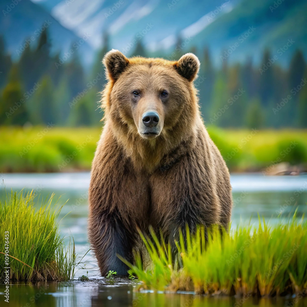Fototapeta premium A majestic brown bear standing amidst the breathtaking Alaskan