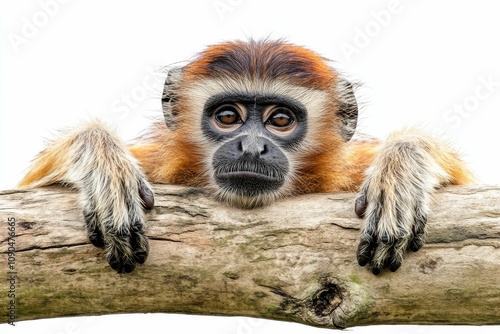 Red-shanked douc langur on branch, close up. photo