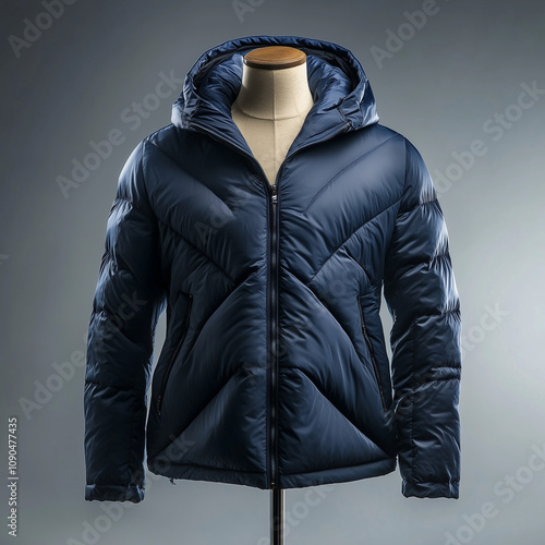 Navy blue quilted puffer jacket with hood on mannequin photo