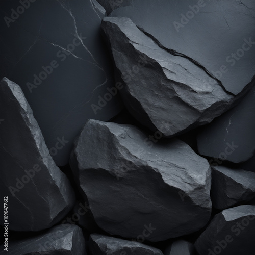 An abstract close-up of dark rocks showing intricate textures and natural patterns. Ideal for backgrounds, geology studies, or artistic projects emphasizing earth's raw beauty. photo