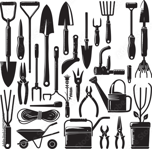 Gardening farming tools instruments silhouettes