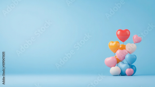 Colorful Heart-Shaped Balloons Stacked Against a Soft Blue Background Creating a Playful and Cheerful Atmosphere for Celebrations and Events photo