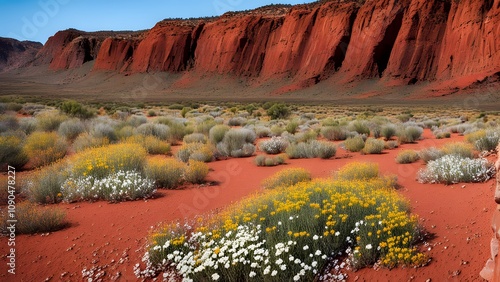 The arid beauty of the pilbara region with striking red rocks wildflowers and scattered greenery, Ai Generated