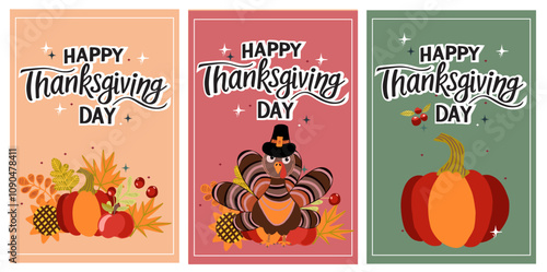 Thanksgiving Day vector set of greeting cards. Hand drawn illustration.