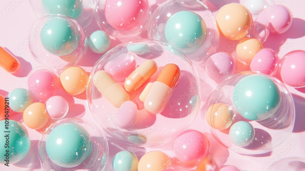 Colorful capsules and spheres in transparent bubbles on pink background. Colorful capsules and spheres in transparent bubbles on pink background.