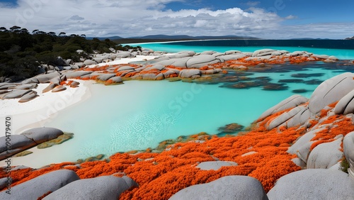 The bay of fires in tasmania orange lichen covered rocks against turquoise waters and sandy beaches, Ai Generated