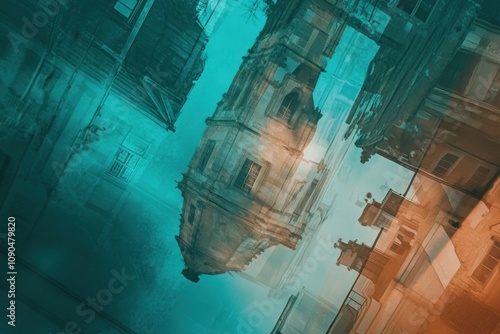 Abstract reflection of a historical building captured in vibrant colors. photo