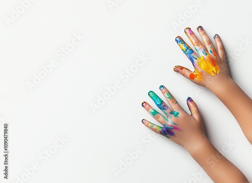 Colorful paint-covered hands on a blank canvas, showcasing creativity and artistic expression. Perfect for craft or art-themed projects. Vibrant colors inspire imagination and fun. photo