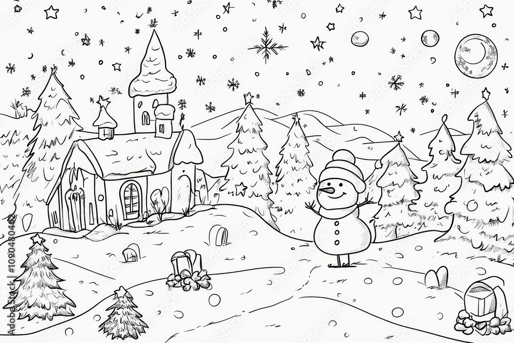 Naklejka premium Pencil black and white drawing of snowy Christmas village with houses covered in snow, decorated fir trees and snowflakes. Simple line art illustration for Christmas time and winter holidays