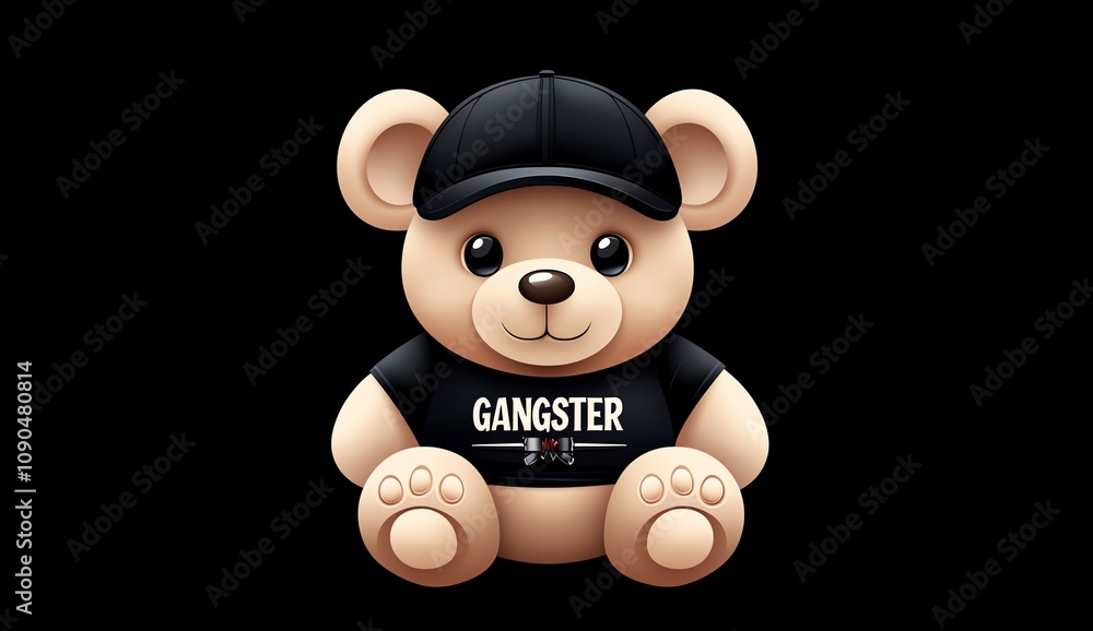 Fototapeta premium Cute teddy bear in a black cap and shirt with 'Gangster' print, sitting against a black background, embodying a mix of playfulness and edginess.
