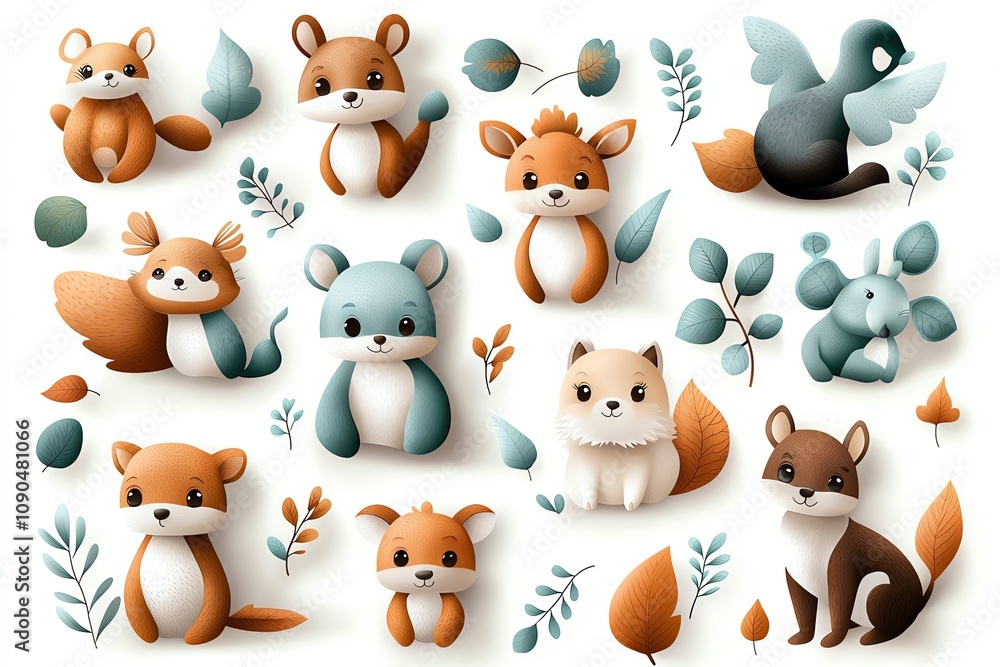 Naklejka premium Cute whimsical woodland animals set in soft pastel tones. Includes foxes, squirrels, and rabbits. Perfect for children's designs and creative projects.