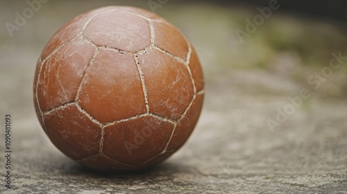 Classic brown leather football positioned on a rough textured surface, perfect for themes related to sports, leisure, or athletic projects. photo