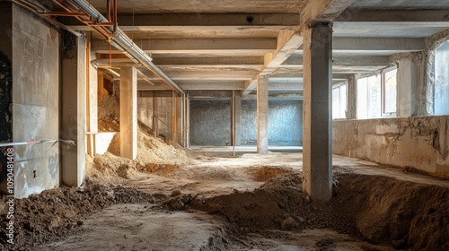 Wallpaper Mural Construction site featuring underground levels of a building structure, showing exposed foundation and piles of earth with sunlight illuminating the space. Torontodigital.ca