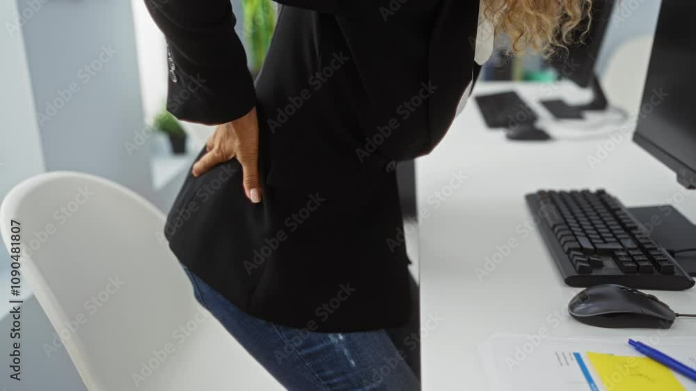 Woman in office suffering from back pain while standing by a desk with ...