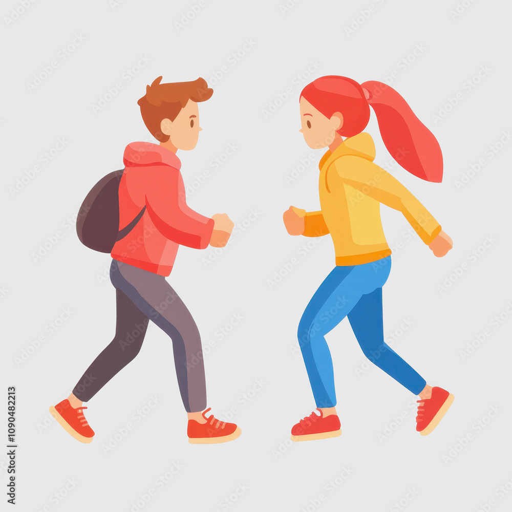Young Boy and Girl Running Towards Each Other in Casual Clothing, Displaying Friendship and Active Lifestyle on a Light Gray Background