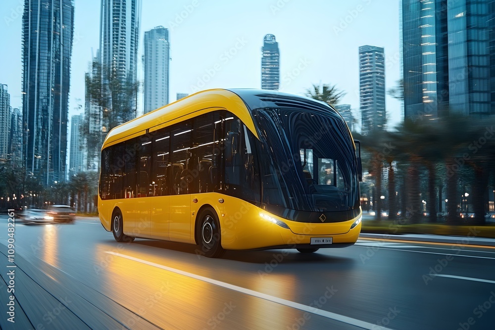 Obraz premium Yellow Modern Bus Driving in a City Road