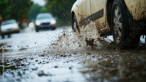 Close-up of a muddy rear wheel splashing water as a vehicle drives through a flooded unpaved road after heavy rainfall, surrounded by blurred cars. photo