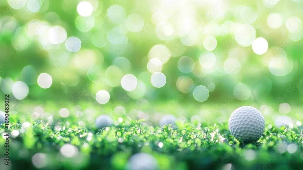Obraz premium Golf ball resting on a tee with a vibrant green bokeh background, capturing the essence of the sport in a serene outdoor setting.