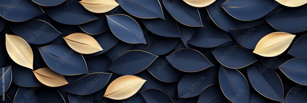 Obraz premium Elegant abstract pattern of overlapping dark blue and gold leaves creating a textured, luxurious design