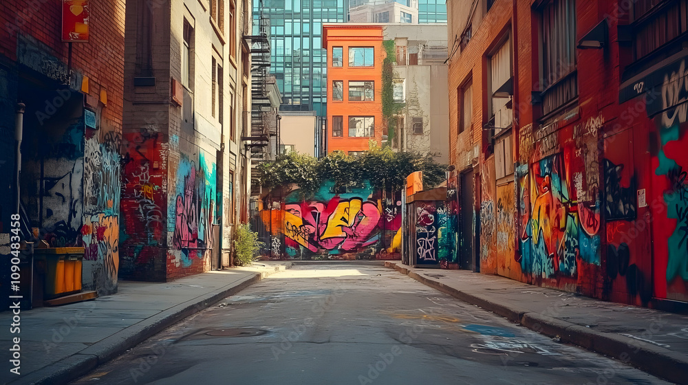 Fototapeta premium Vibrant Graffiti Art Adorns Urban Alleyway Walls in a Cityscape Background