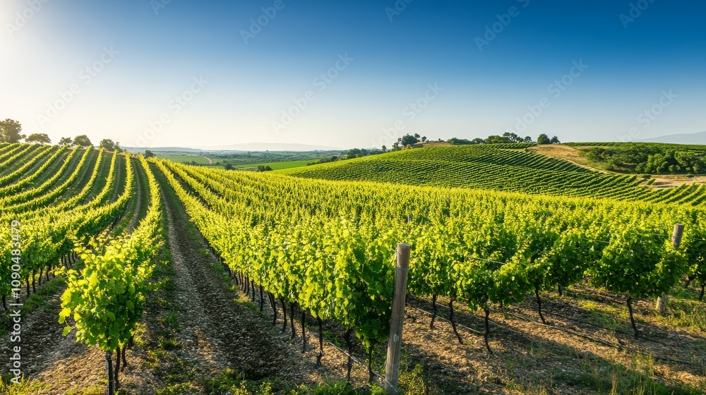Fototapeta premium An expansive vineyard landscape with rows of grapevines under a golden sunset, Vineyard scene, Natural beauty style