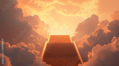 Stairway to the heavens with ornate golden gate shining in soft sunlight ethereal clouds and warm glow emphasizing transcendence and divinity photo