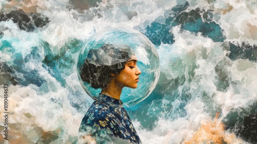 Woman Under Glass Dome Surrounded by Stormy Chaos