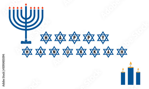 Happy Hanukkah greeting card with symbols of Jewish holiday. Template for banner, flyer, poster, background with vector place for your text. Vector illustration. EPS 10