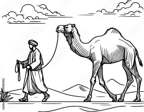 Islamic arabic a man riding camels continuous line drawing vector art on white background generated Ai