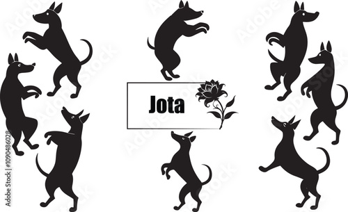 Jota Dance Illustration: Black Silhouette Dogs Dancing Around Text & Flower, Folk Art Graphic, Traditional Spanish Dance Motif, Vector Design