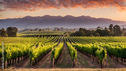The fertile yarra valley vineyards with rows of grapevines and a mountain backdrop at sunrise, Ai Generated