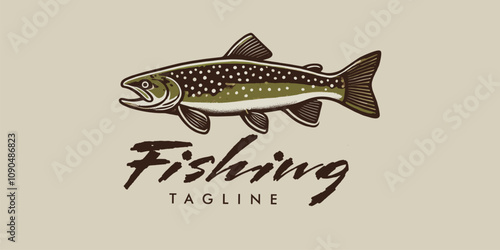 brook trout fish fishing hand drawn logo design template for angler 