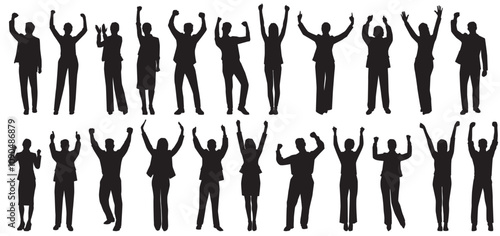 silhouettes of business success people cheering and raising hands