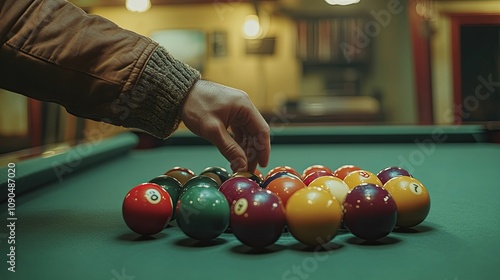 A Hand Arranges Billiard Balls On A Pool Table photo