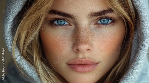 Close-up of woman with bright blue eyes and freckles, wearing a gray hooded sweater, natural beauty, intense gaze, expressive face, high-resolution detail, captivating look photo