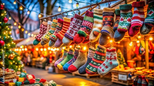 Aerial View of Colorful Knitted Socks Displayed at a Festive Christmas Market, Capturing the Joy and Warmth of the Holiday Season in Vibrant Hues and Cozy Textiles