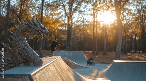 Dynamic Skateboarder Performing Trick at Sunset photo