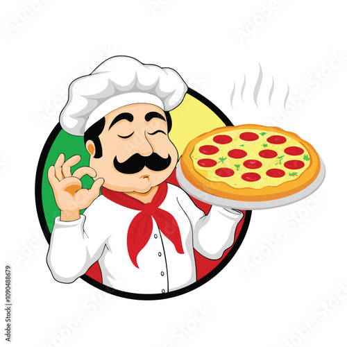 Illustration of an italian cartoon chef with a freshly baked pizza
