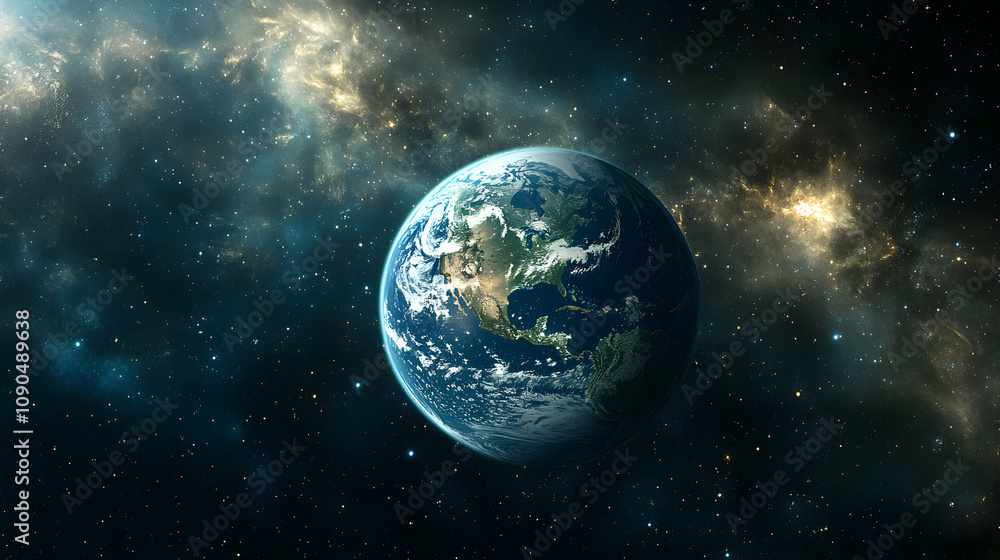 Fototapeta premium Earth, a Vibrant Planet, Suspended in a Cosmic Nebula, Showing North America, Deep Space Background